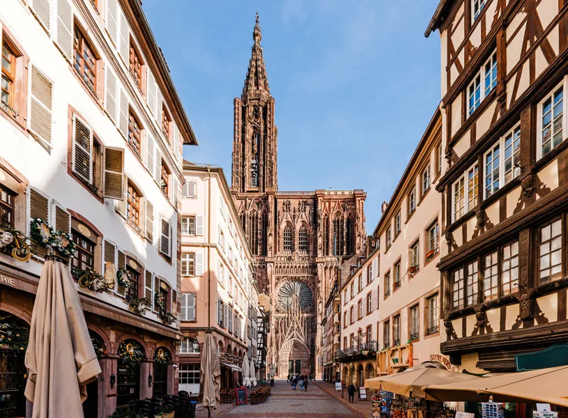 Strasbourg Cathedral framed by timber-framed buildings
