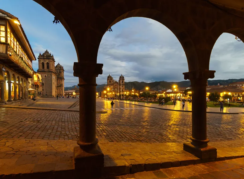 Twilight over the plaza de armas,  Cusco, Peru