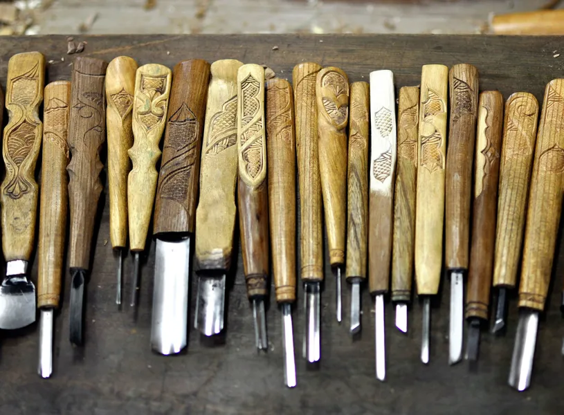 A selection of traditional wooden tools carved, Hokkaido, Japan