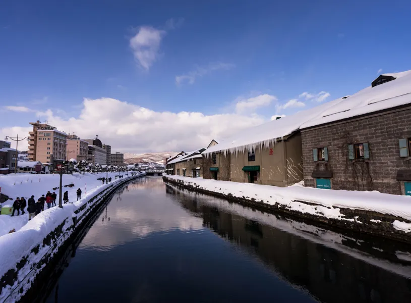 Sunny winter view of Otaru Canal, Hokkaido, Japan