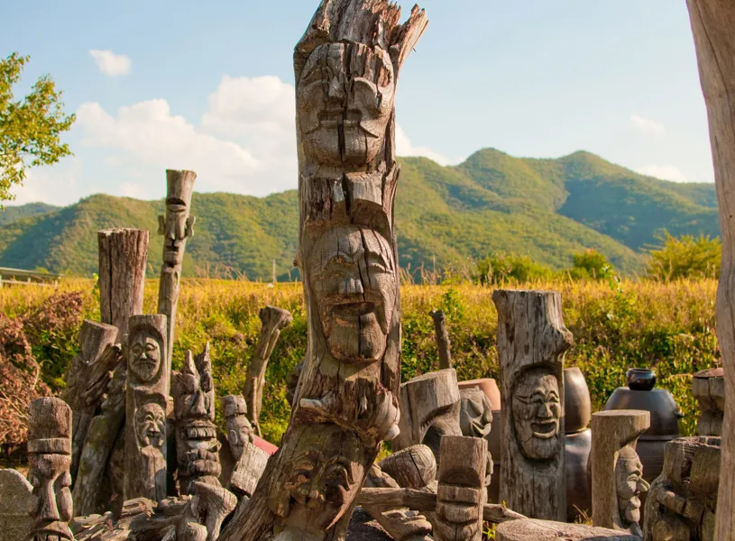 Korean Mask Totem in Hahoe Village, Andong, South Korea