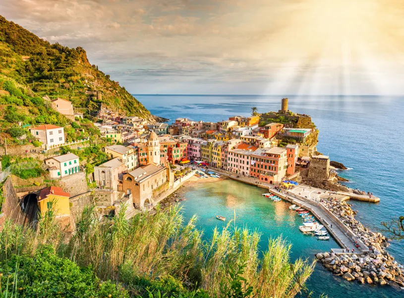 High Angle View Of Townscape By Sea Against Sky Cinque Terre