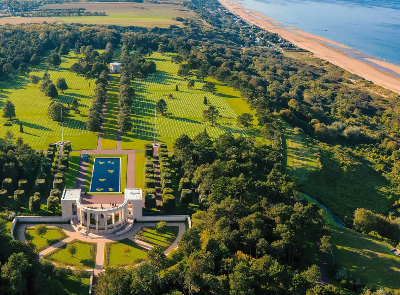 Aerial view of American Cemetery and coastline in Normandy, France