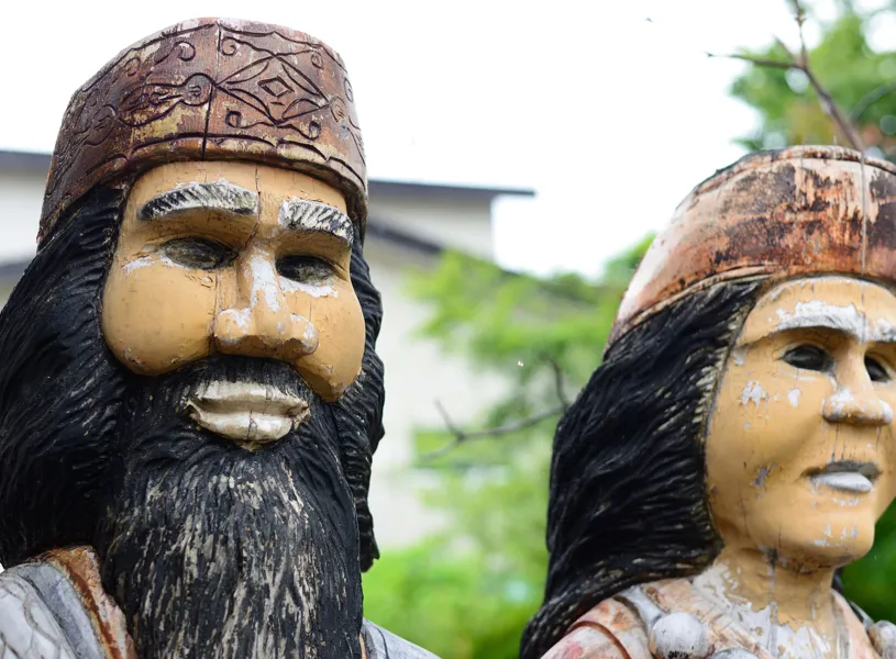 Two heads of Nipopo dolls, traditional guardians of the Ainu, Hokkaido, Japan