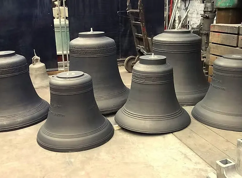 Six Large Metal Bells at Bellfoundry Museum in Loughborough, England