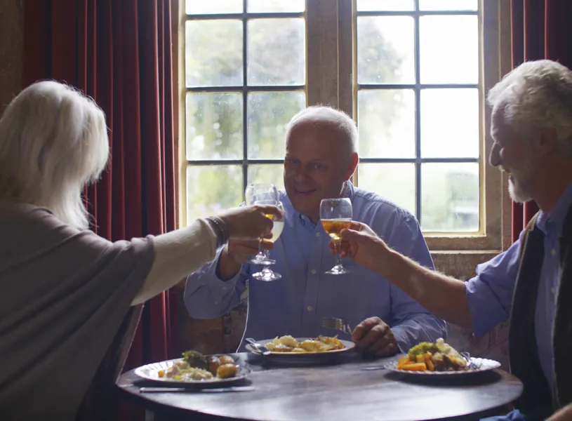 Ian Dyer,  Lord of the manor with two guests at Blackmore Farm, Somerset, England