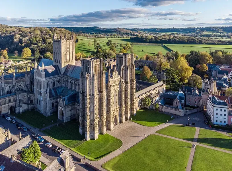 Aerial view of the Wells Cathedral exterior on a suanny day, Somerset, England 