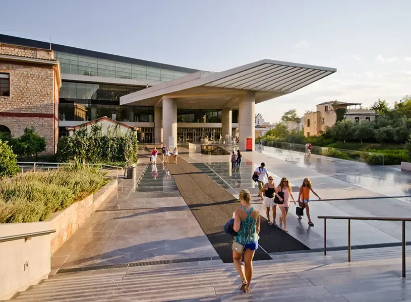 Acropolis Museum entrance with visitors in Athens, Greece