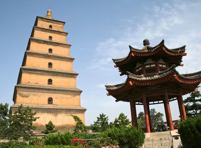 Upward view of the Big Wild Goose Pagoda and Pavilion, Xi'an, China