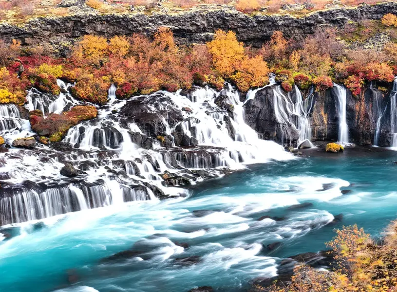 Hraunfossar Waterfalls Hvita River Iceland 