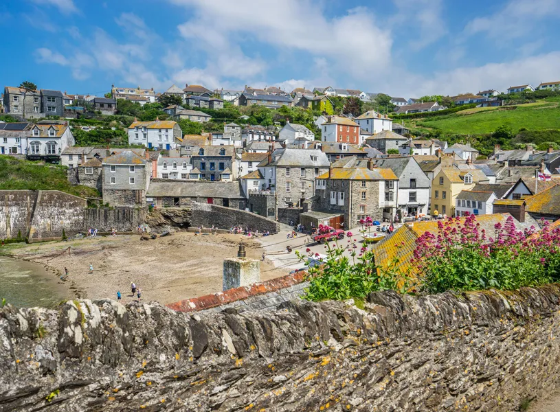 Port Isaac harbourfront from Roscarrock Hill, Cornwall, England