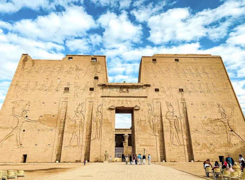 Upward view of the Entrance to Temple of Horus in Edfu, Egypt