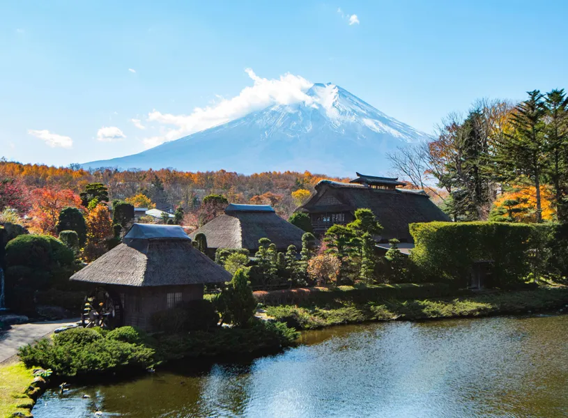 Oishino Hakkai Village with Fuji mountain background in autumn, Oshino, Yamanashi, Japan