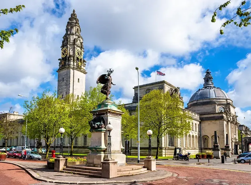 View of the City Hall on a sunny day, Cardiff, Wales 