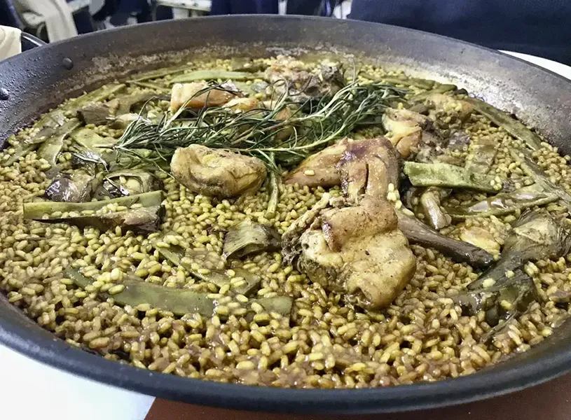 Close up view of a Valencian paella, Valencia, Spain