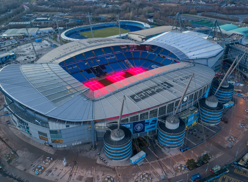 A high angle aerial view of the Etihad Stadium In Manchester