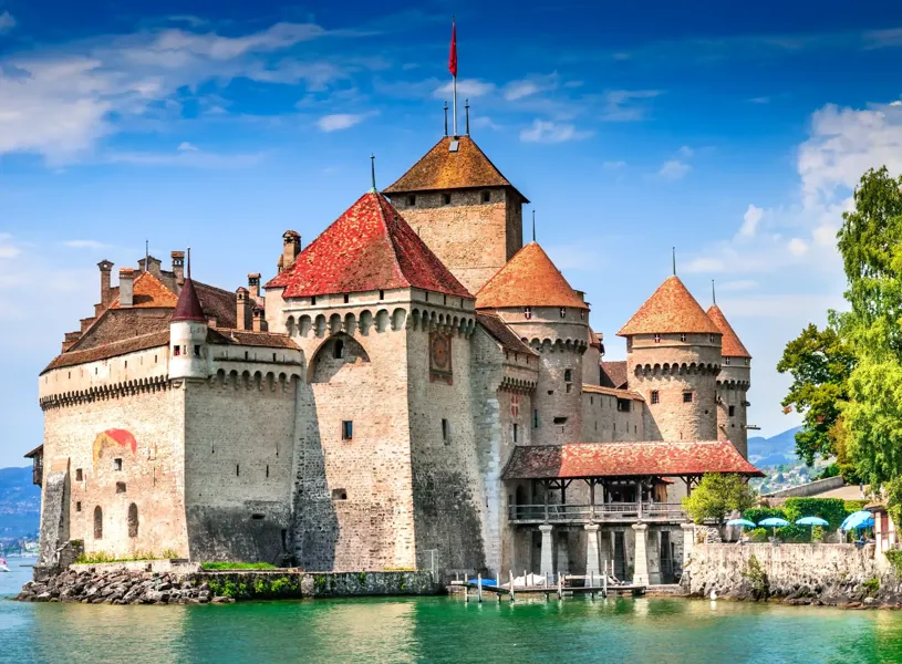 view of Chillon Castle on  Lake Geneve, Switzerland