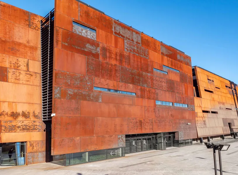 European Solidarity Centre with modern rust-coloured steel facade in Gdańsk, Poland
