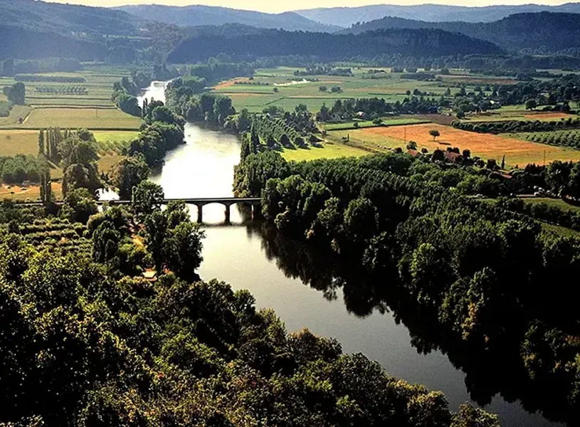 View of the Dordogne river and valley in the Dordogne, France
