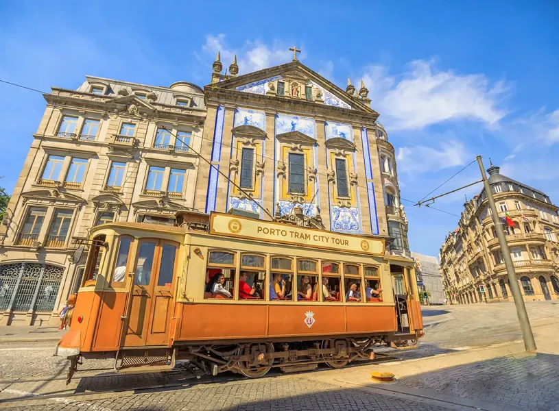 Porto’s historic tram on a street, Porto, Portugal