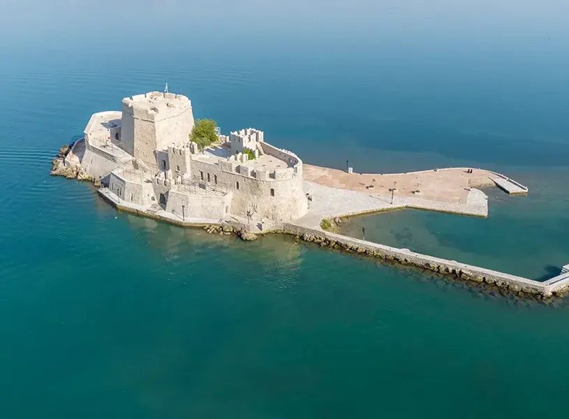 Aerial photo of the water castle of Bourtzi in Nafplio, Greece