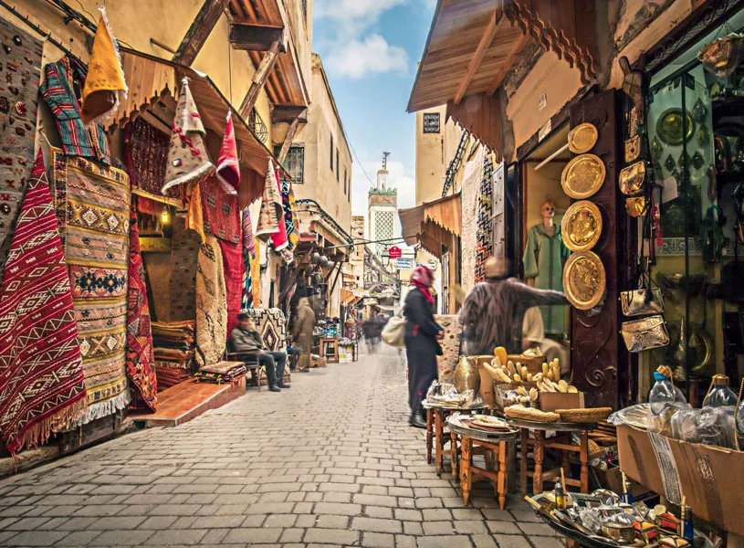 Stores in the medina streets of Fez, Morocco