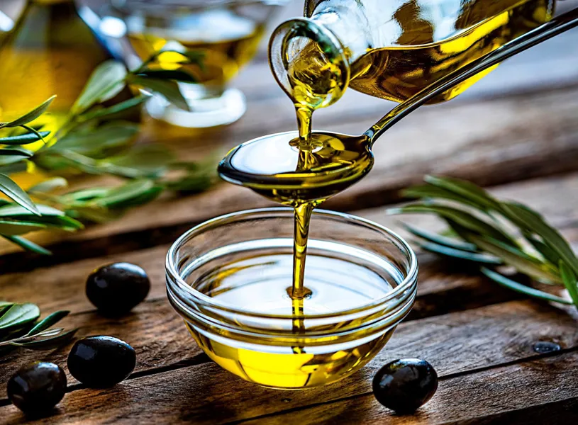 Pouring extra virgin olive oil into a glass bowl