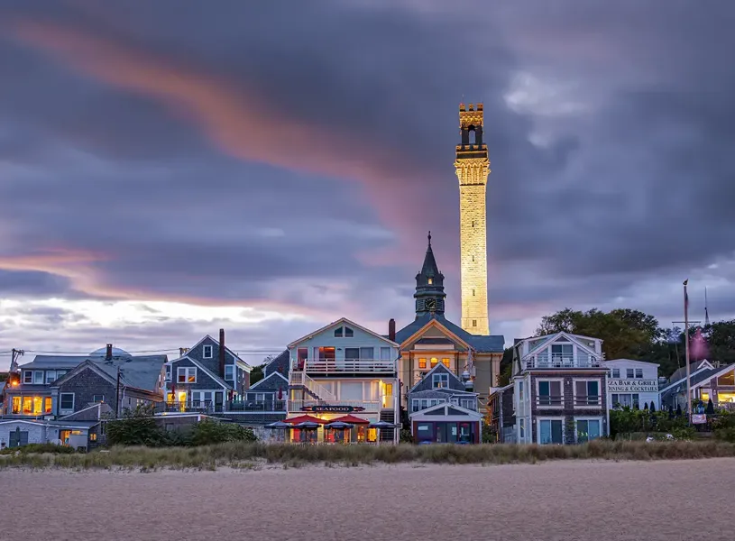 View of Pilgrim Tower Provincetown Massachusetts USA at sunset